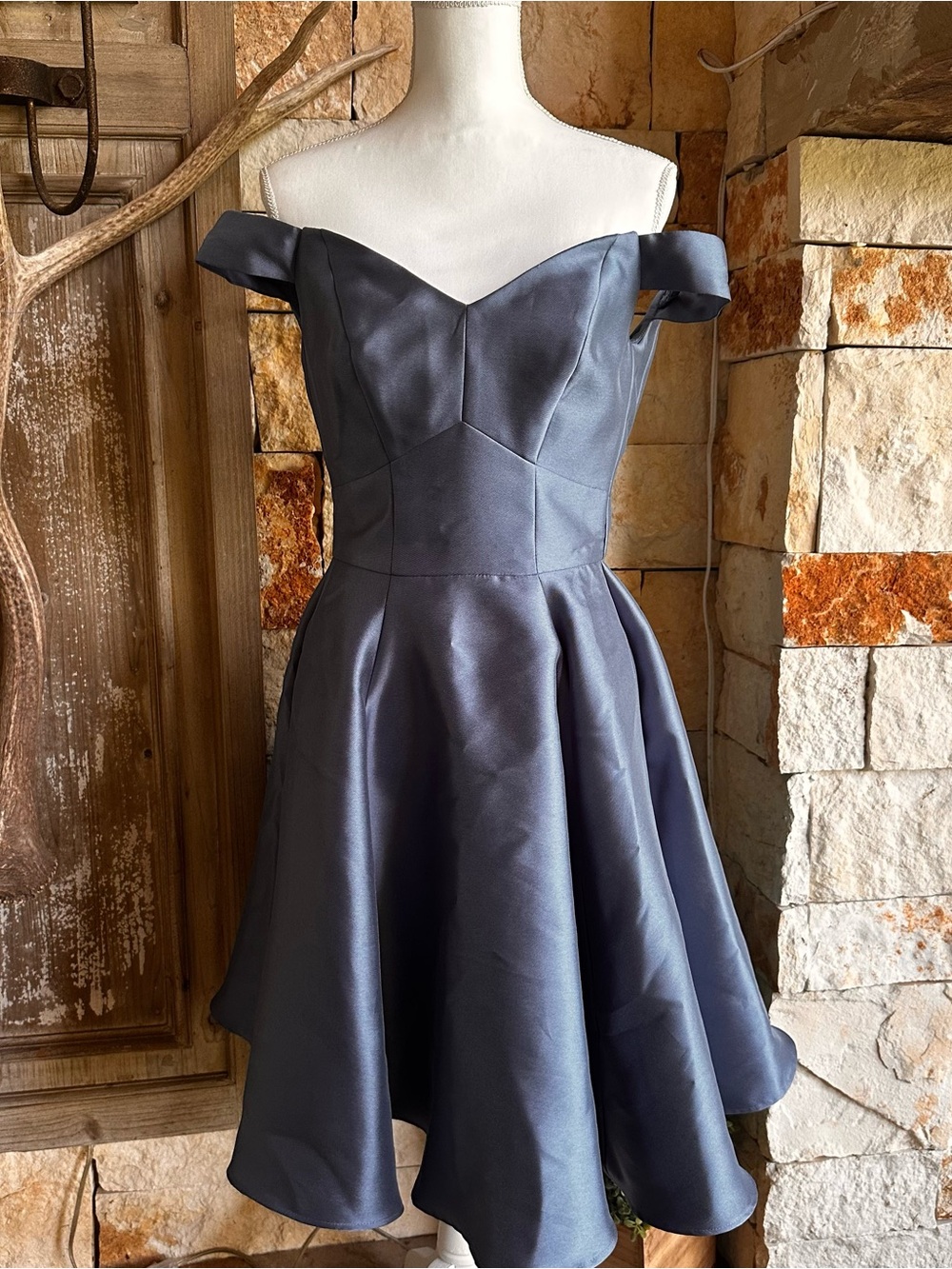David's Bridal Blue off Shoulder Satin Fit & Flare Dress